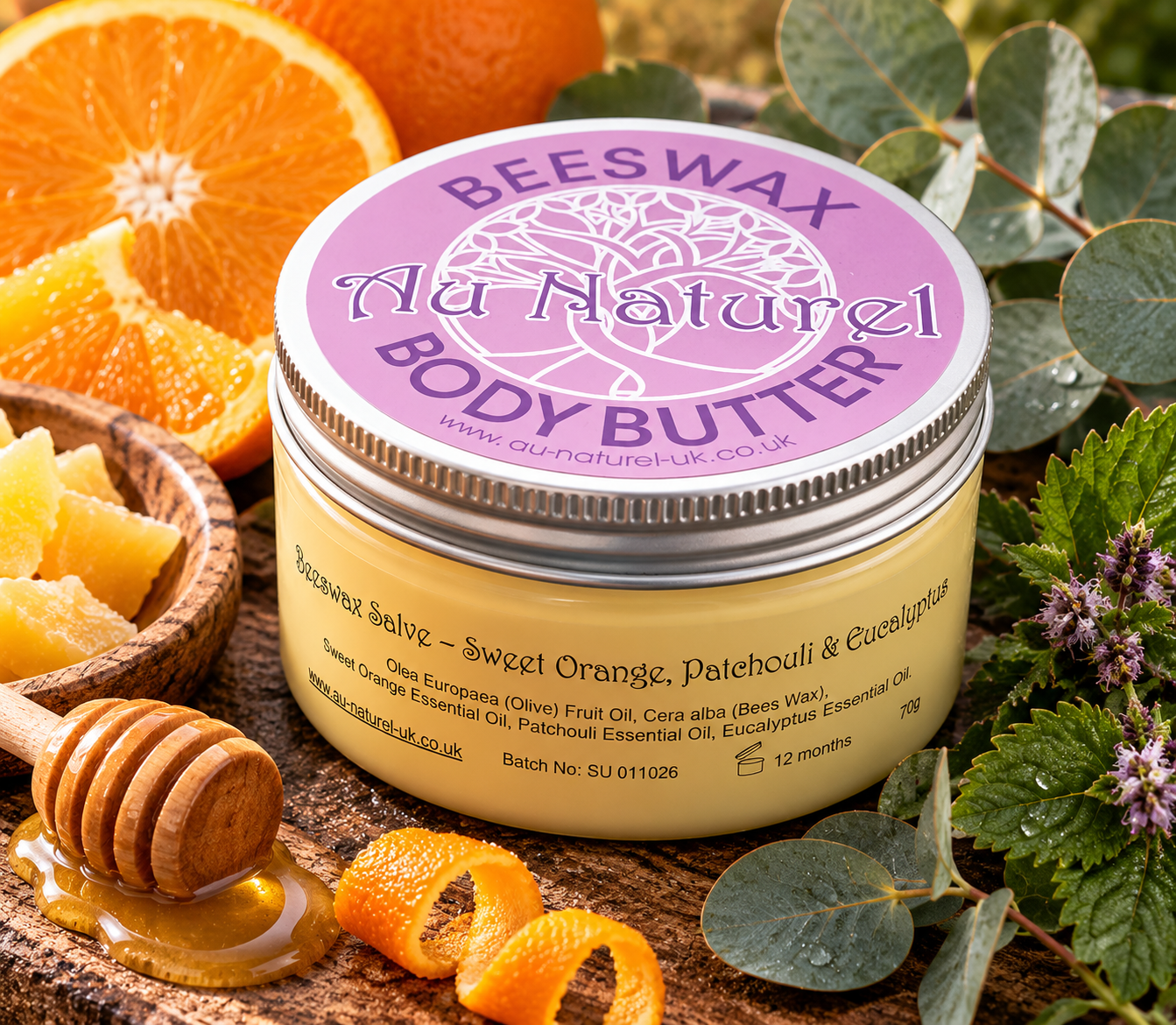 Au Naturel Beeswax Body Butter with Sweet Orange, Patchouli and Eucalyptus